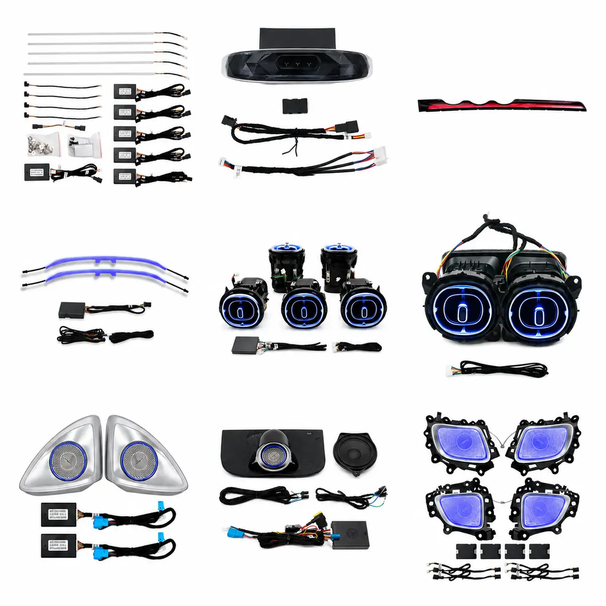 Mercedes-Benz ambient lighting upgrade parts including illuminated air vents, speaker covers, light strips and control modules