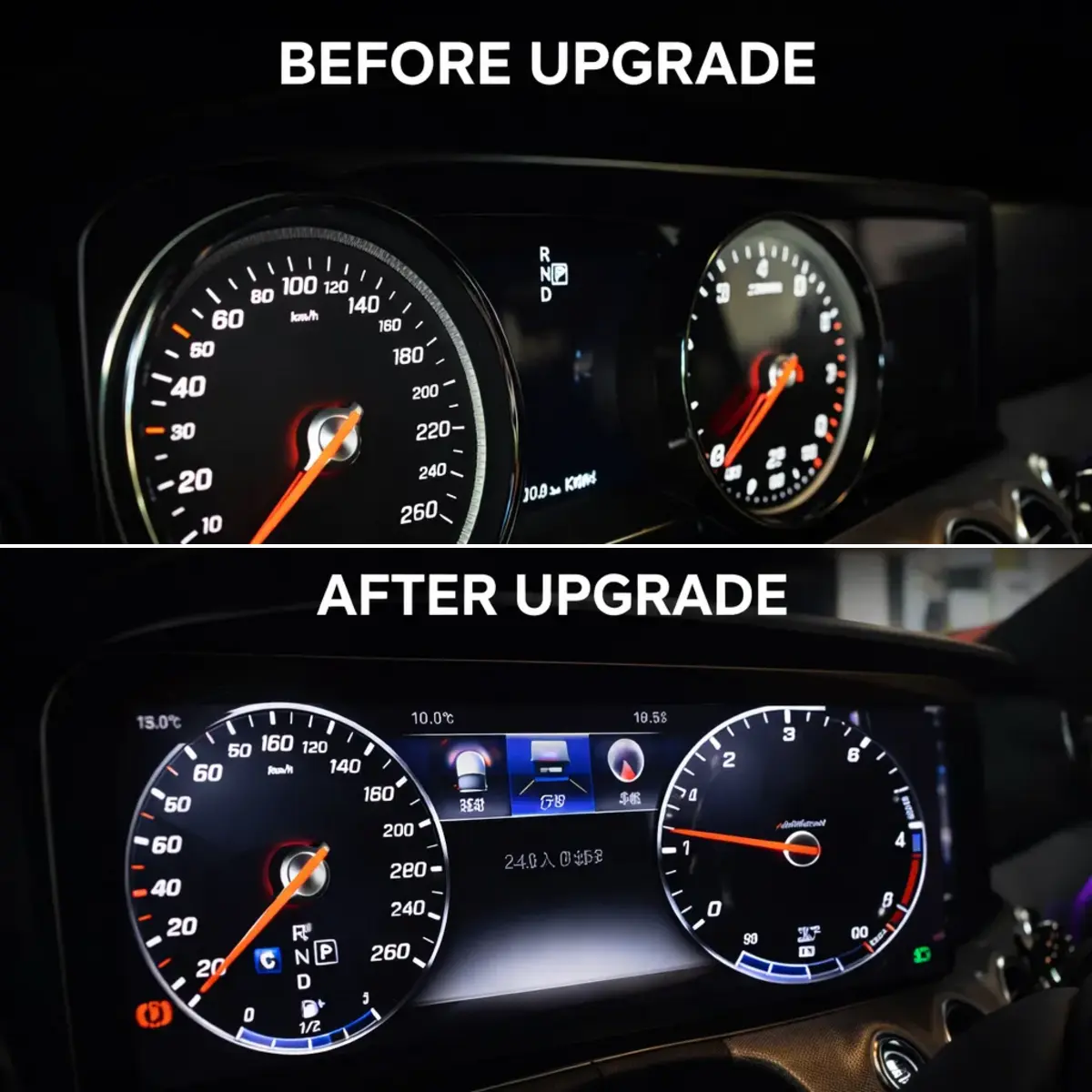 Mercedes-Benz instrument cluster shown before and after the digital dashboard upgrade