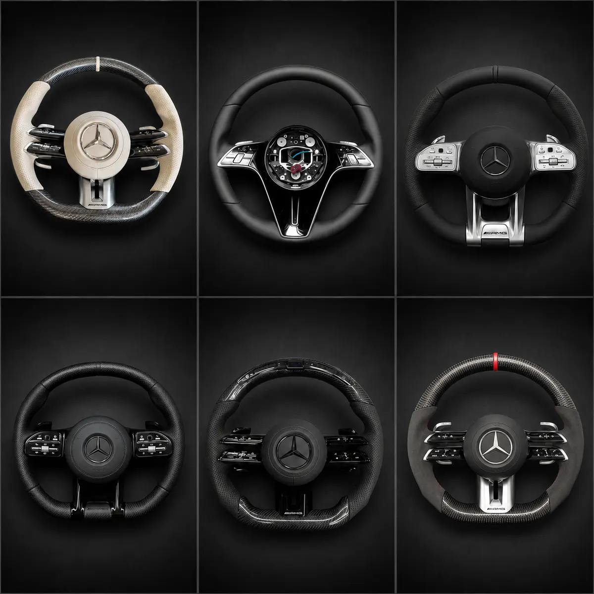 Mercedes-Benz steering wheel upgrade options in different materials, colors and trim styles