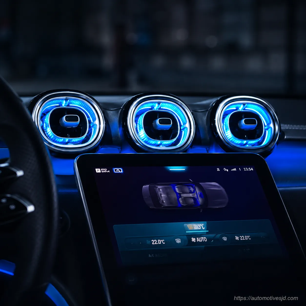 W206 C-Class illuminated front turbine air vents installed across the dashboard