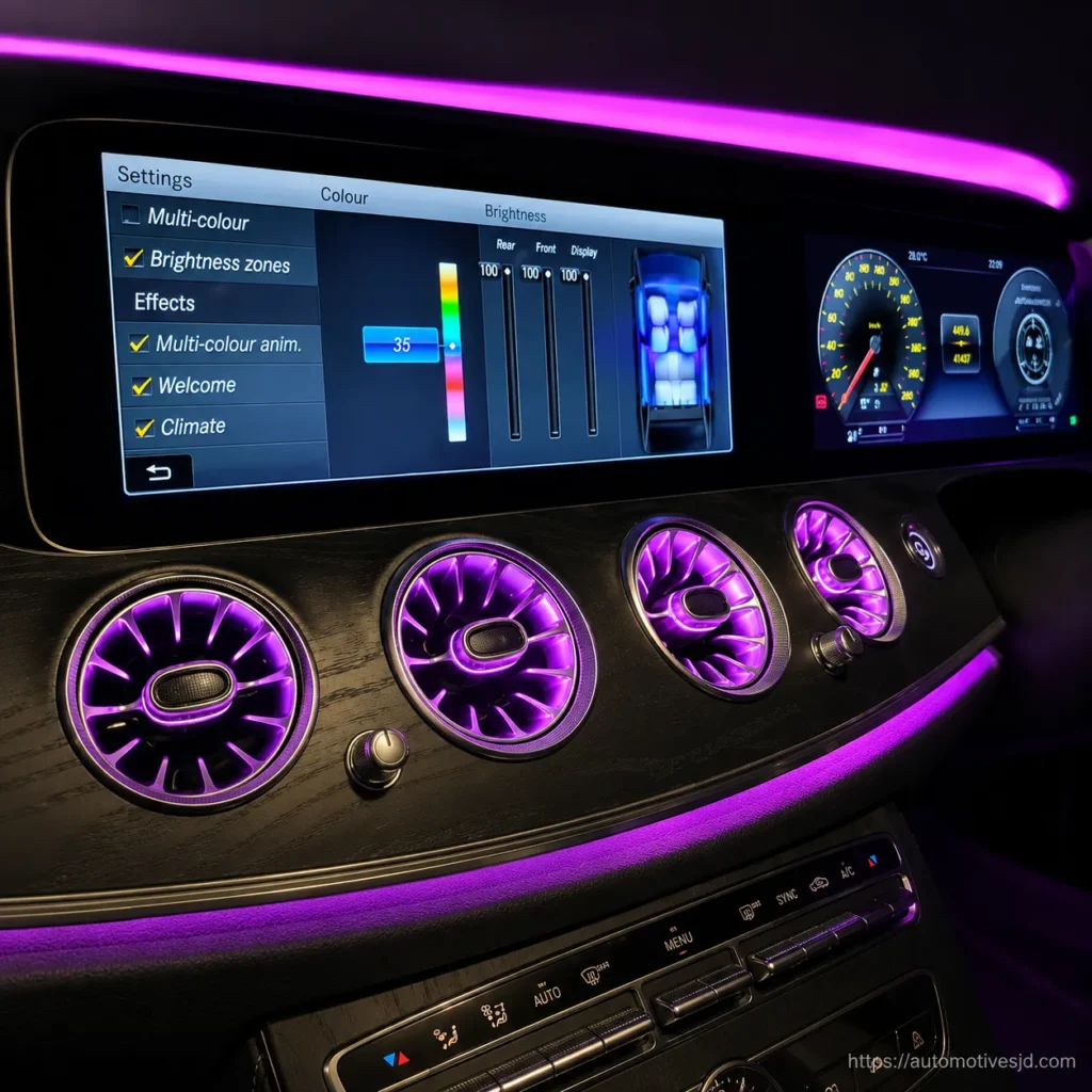 Retrofit Guides w213 e class front turbine vent lighting effect W213 E-Class front turbine air vents illuminated across the dashboard