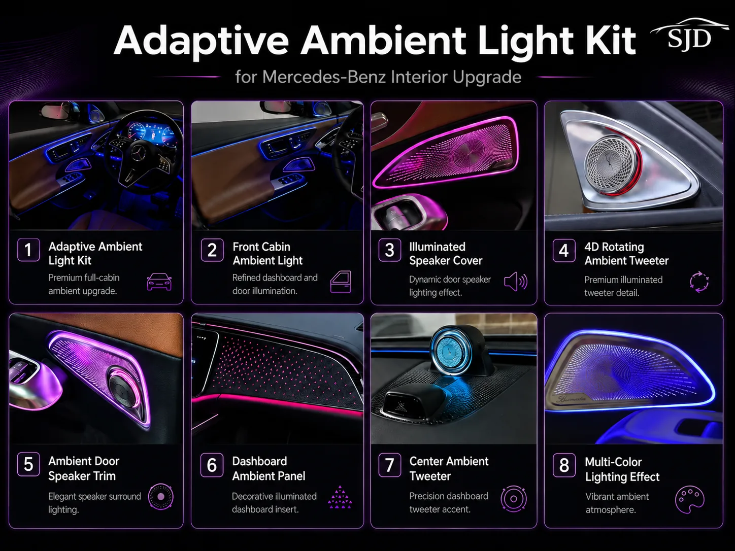 Complete ambient lighting upgrade options including rotating tweeters, illuminated speaker covers, dashboard panels and exterior lights for Mercedes-Benz E-Class W214