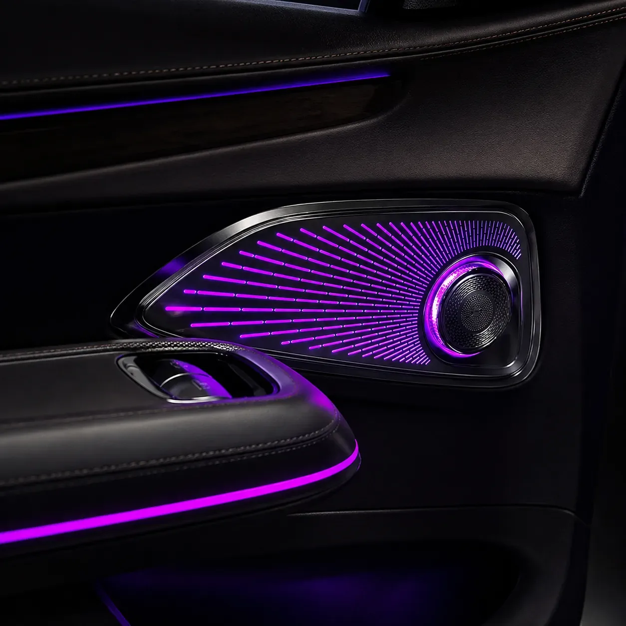 Illuminated rotating tweeters installed in the rear doors of a Mercedes-Benz E-Class W214