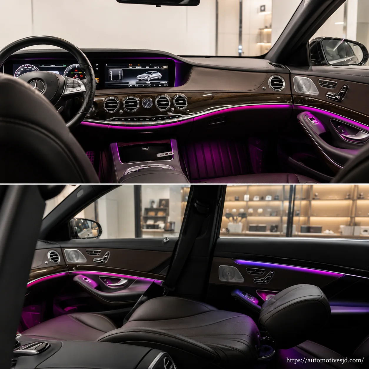 W222 S-Class active ambient lighting effect across the dashboard and doors
