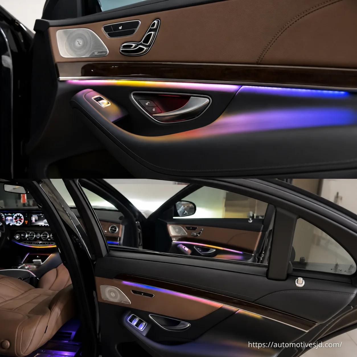 W222 S-Class active ambient lighting effect across the dashboard and doors