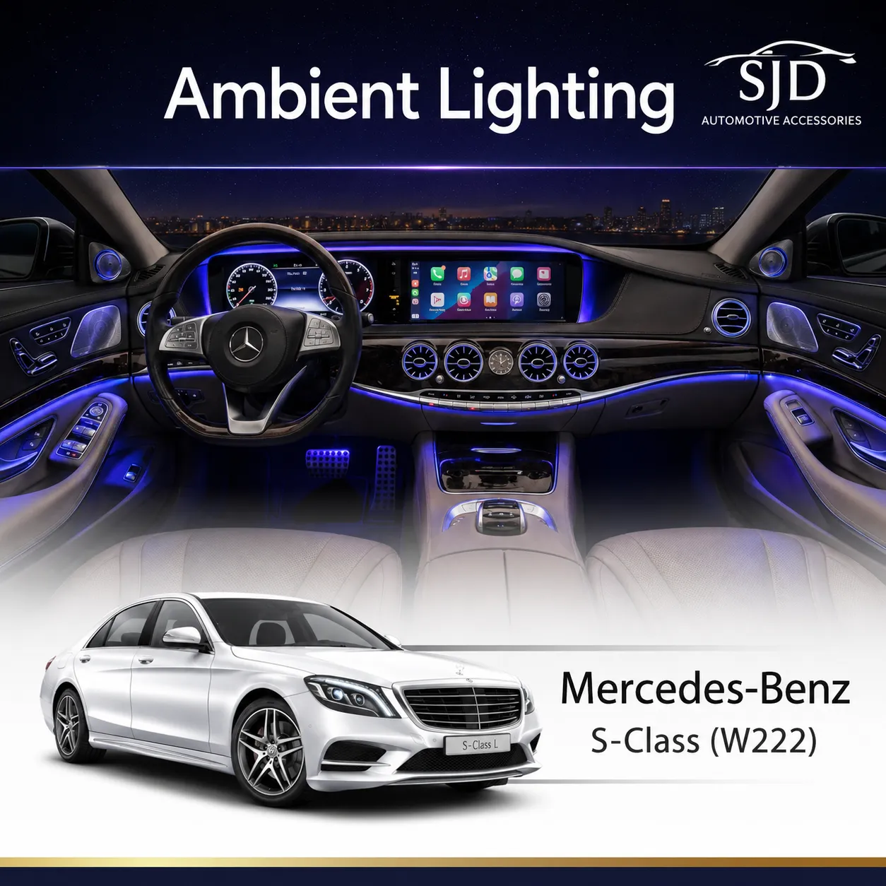 W222 S-Class ambient lighting kit with rotating tweeters, illuminated air vents, speaker covers and interior upgrade options
