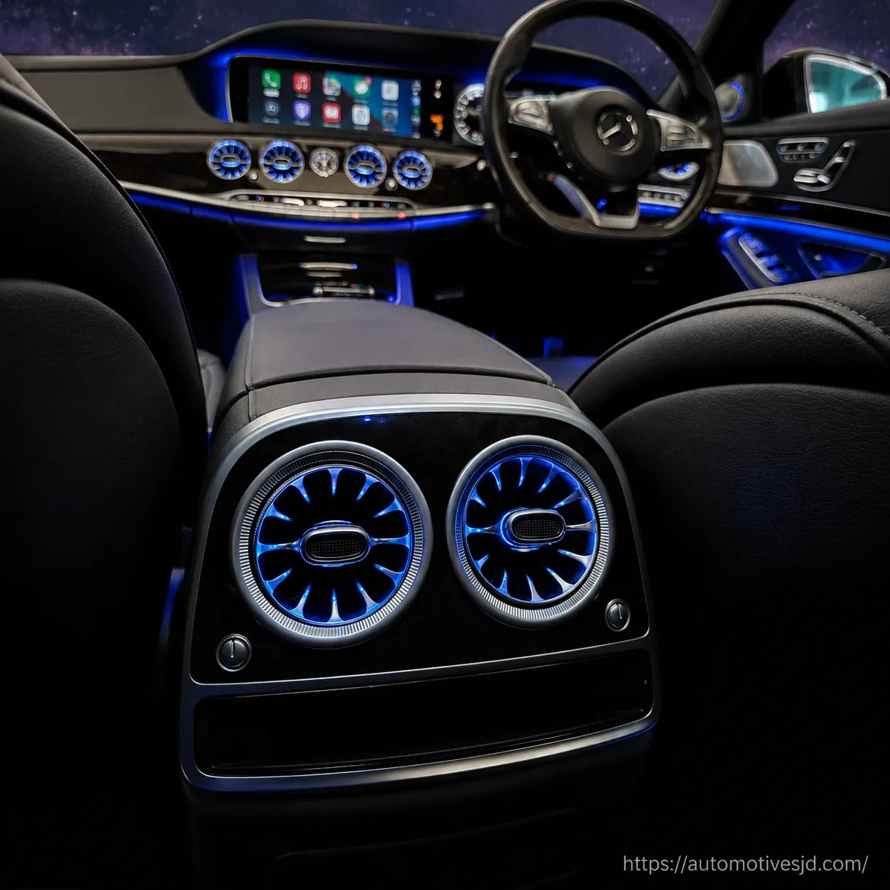W222 S-Class front air vents illuminated across the dashboard