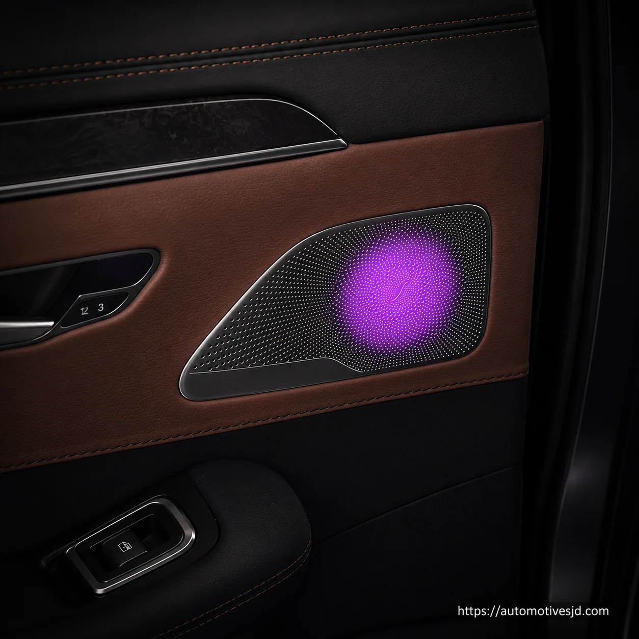 W222 S-Class illuminated metal midrange speaker covers installed in the doors