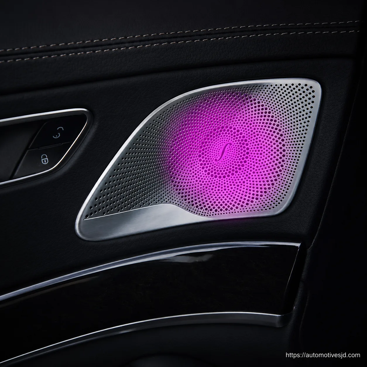 W222 S-Class illuminated metal midrange speaker covers installed in the doors
