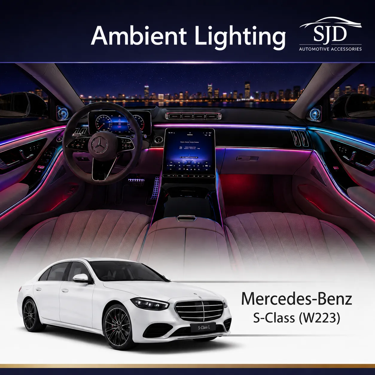 Ambient lighting, rotating tweeters, speaker covers, illuminated vents and interior trim upgrades for Mercedes-Benz S-Class W223