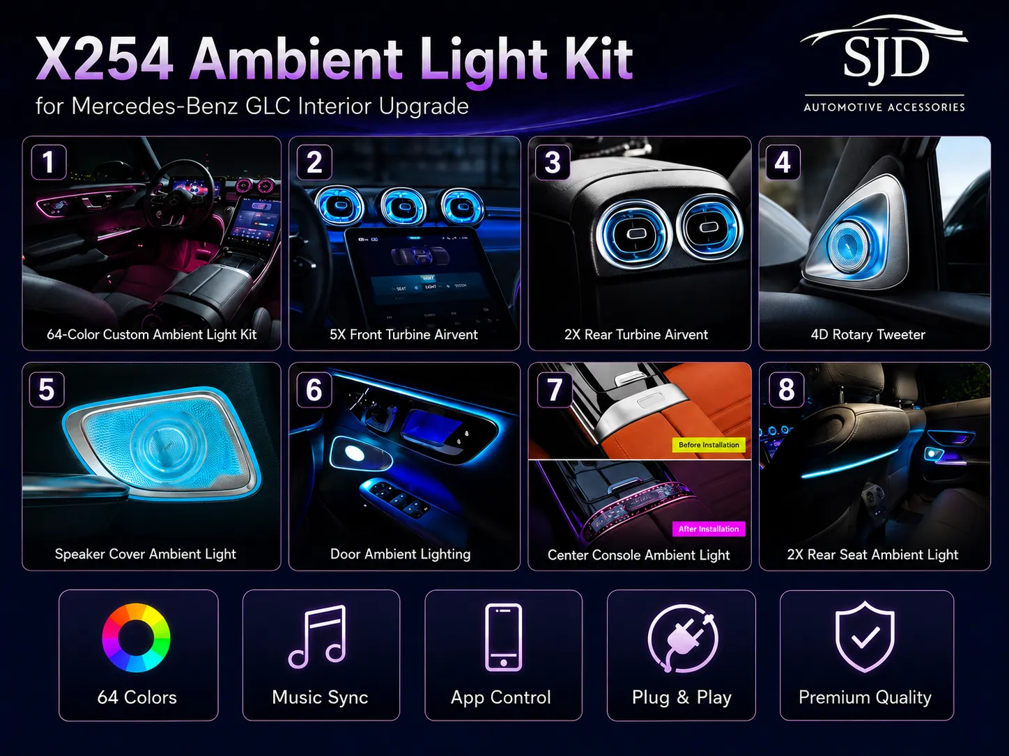 X254 GLC-Class ambient lighting kit product options, package contents, compatibility and installation information