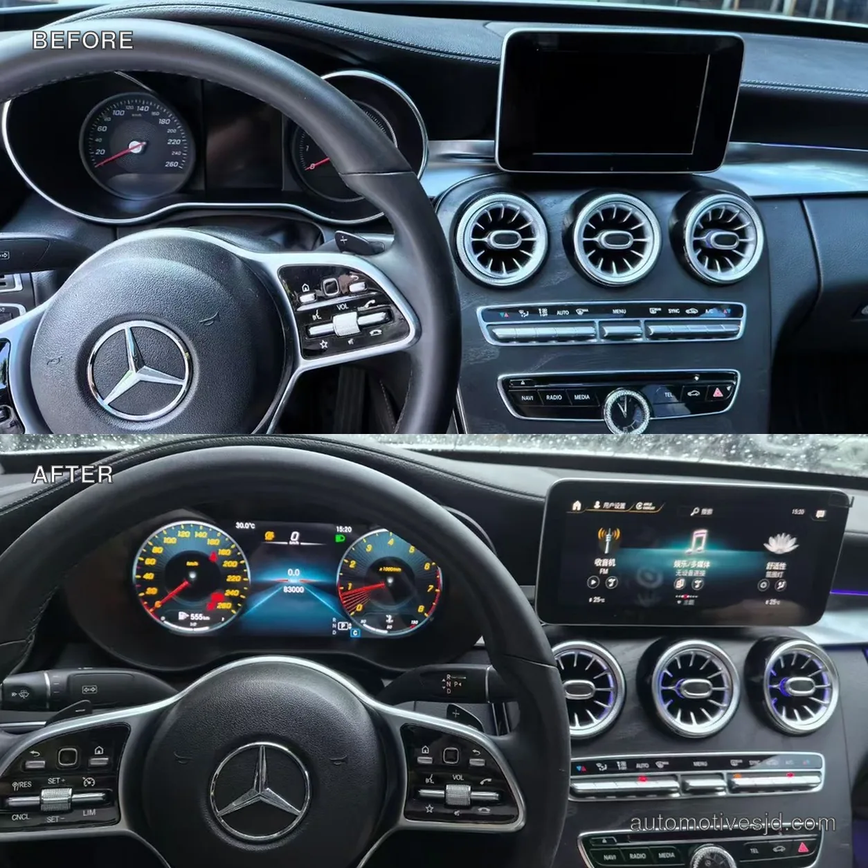 Mercedes-Benz C-Class W205 mechanical instrument cluster before and digital instrument cluster after upgrade