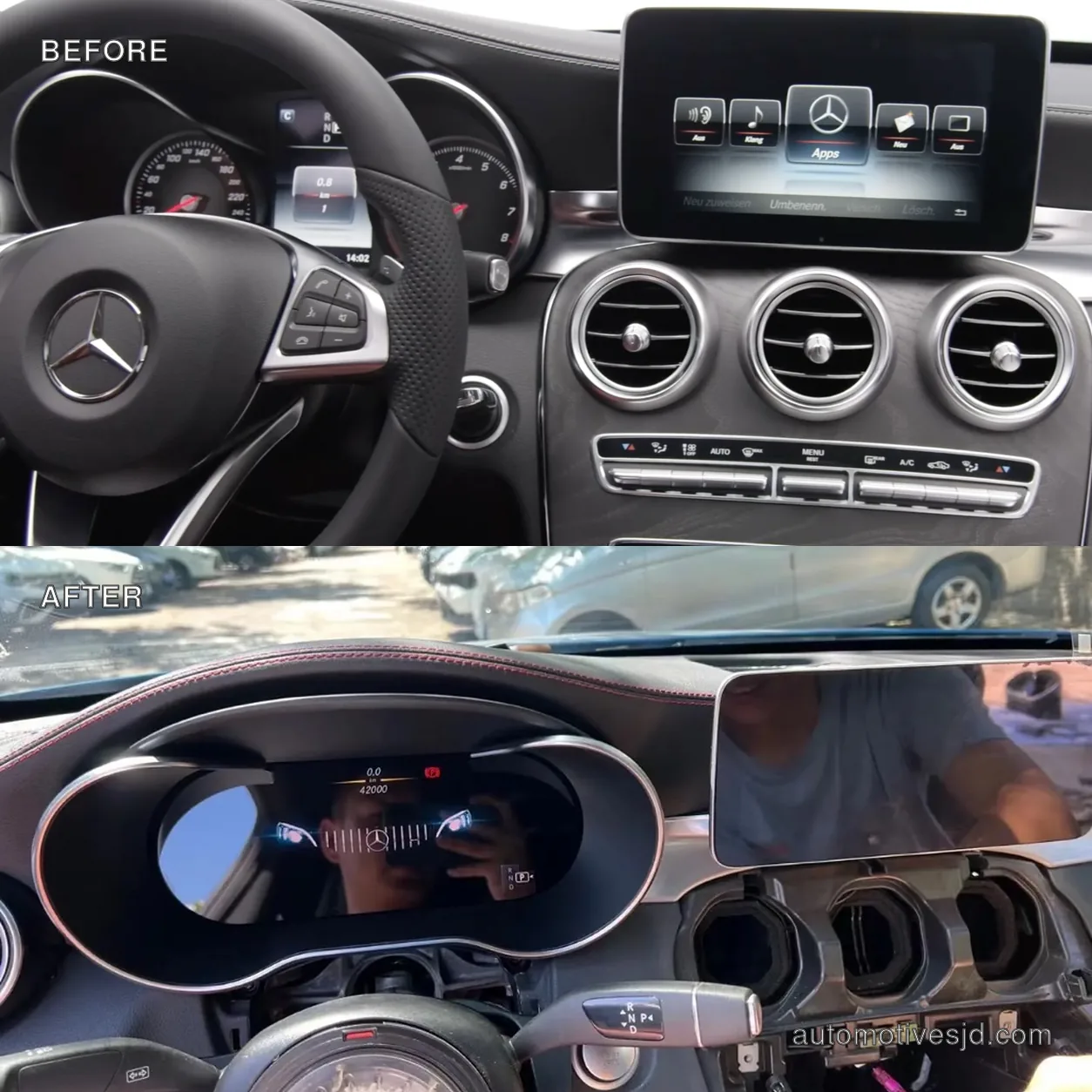 Mercedes-Benz C-Class W205 interior before and after the digital instrument cluster upgrade